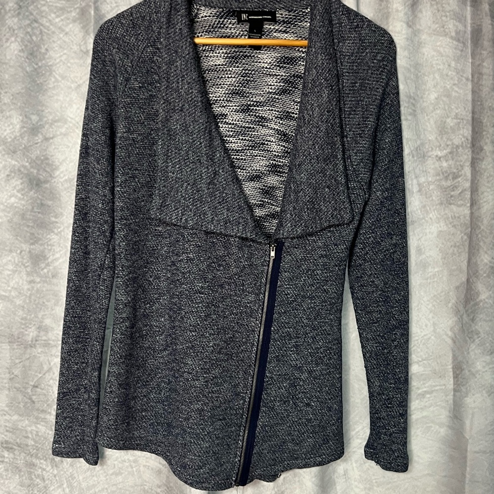 INC International Concepts Blue Asymmetrical Zip Front Drape Neck Cardigan-Large - Picture 7 of 10